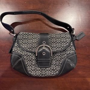 Black canvas and leather Coach monogram shoulder bag